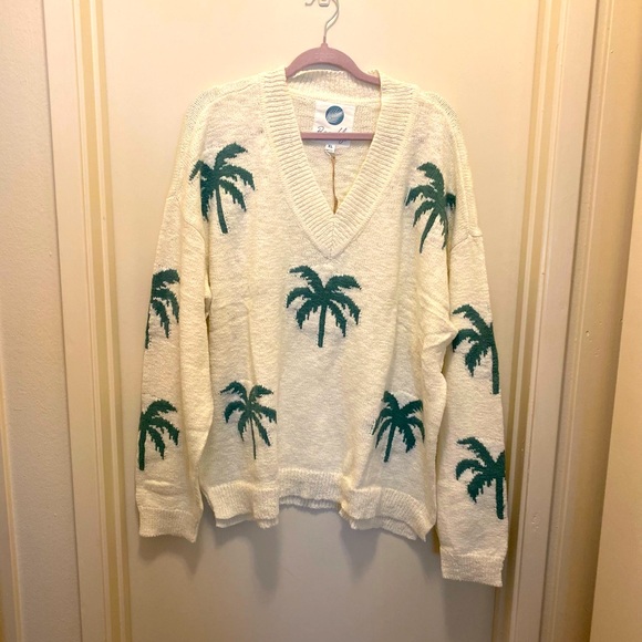 Cream V-Neck Sweater with Green Palm Trees - Picture 1 of 9